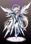  1girl android armor armored_dress artist_request bare_shoulders black_bodysuit black_sleeves blue_halo bodysuit boots code:_sariel_(elsword) elsword energy_wings english_text eve_(elsword) expressionless facepaint flat_chest gloves grey_background hair_between_eyes halo jewelry long_hair long_sleeves looking_at_viewer mechanical_ears robot_ears sample_watermark second-party_source simple_background solo spikes thighhighs very_long_hair watermark white_hair white_thighhighs wings yellow_eyes 