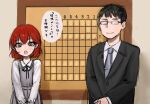  1boy 1girl black_hair blush board_game brown_eyes chinosuke_(o_j_o_p) commentary_request dress formal glasses grey_dress highres idolmaster idolmaster_cinderella_girls murakami_tomoe necktie open_mouth red_hair shogi short_hair sketch smile suit translation_request upper_body 