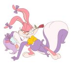 anthro babs_bunny barefoot blue_eyes bottomwear bow_ribbon clothing dipping duo embrace feet female female/female fifi_la_fume flirting flower flower_in_mouth hair hair_over_eye hi_res kyrakupetsky lagomorph leporid mammal mephitid one_eye_closed one_eye_obstructed plant rabbit rose_(flower) rose_in_mouth skirt skunk swooning tiny_toon_adventures warner_brothers wink