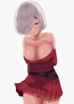  1girl absurdres alternate_costume alternate_eye_color bare_shoulders breasts christmas_tree_hair_ornament cleavage collarbone commentary cowboy_shot dress grey_hair hair_ornament hair_over_one_eye hamakaze_(kancolle) highres kantai_collection lanthan large_breasts off-shoulder_dress off_shoulder pleated_dress red_dress short_hair simple_background solo white_background yellow_eyes 