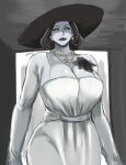  1girl alcina_dimitrescu black_hair black_headwear black_sclera breasts cleavage colored_sclera dress flower hat highres jewelry large_breasts lips long_dress looking_at_viewer medium_hair necklace pearl_necklace red_lips resident_evil resident_evil_village rose shibusun sketch sun_hat tall_female vampire white_dress yellow_eyes 