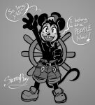  1920s_(style) 1boy animal_ears artist_name disney english_text full_body greyscale hat male_focus mickey_mouse monochrome mouse_boy mouse_ears mouse_tail parody rockehbloo ship&#039;s_wheel simple_background smile solo steamboat_willie tail teeth toon_(style) upper_teeth_only 