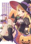  1girl animal bat_(animal) blonde_hair blush boots breasts brooch candy cat cleavage collared_shirt crossed_legs cupcake food frilled_skirt frills halloween hat hat_ribbon high_heel_boots high_heels highres holding holding_food ibuki_ena imminent_bite jack-o&#039;-lantern jewelry long_hair looking_at_viewer low_twintails neck_ribbon open_mouth original red_eyes ribbon see-through see-through_sleeves shirt short_sleeves shrug_(clothing) sitting skirt solo star_(symbol) tiered_tray twintails very_long_hair witch_hat 