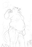 2022 anthro axe axe_over_shoulder belly belly_overhang belt big_belly bodily_fluids bottomwear cettus clothed clothing euplerid fossa hi_res holding_axe holding_object love_handles male mammal moobs navel nipples outside overweight overweight_anthro overweight_male pants pants_only sketch solo sun sweat tail topless