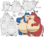 2024 anthro belly big_belly blue_body bulge clothing coolietf duo embrace english_text eyes_closed final_fantasy final_fantasy_tactics hi_res hug jockstrap male moobs nipples overweight overweight_male red_body sad seeq simple_background sitting square_enix text transformation underwear white_background