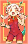  1girl bachera bangle bodysuit bracelet breasts claw_pose commentary_request cropped_legs dragon_girl dragon_horns dragon_tail hair_bun horns jewelry long_hair medium_breasts open_mouth original pink_hair red_bodysuit red_eyes sharp_teeth solo tail teeth twintails 