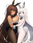  2girls 777_(nikke) absurdres animal_ears ascot asymmetrical_docking bare_shoulders black_ascot black_bow black_bowtie black_leotard black_pantyhose blanc_(nikke) blossomsa bow bowtie breast_press breasts brown_hair closed_mouth commentary_request dark-skinned_female dark_skin detached_collar eyebrows_hidden_by_hair fake_animal_ears fake_tail fang fishnet_pantyhose fishnets flying_sweatdrops goddess_of_victory:_nikke hair_intakes heart heart_tattoo highres large_breasts leotard long_hair looking_at_viewer lower_teeth_only medium_breasts multiple_girls noir_(nikke) open_mouth pantyhose playboy_bunny rabbit_ears rabbit_tail siblings simple_background sisters skin_fang strapless strapless_leotard tail tattoo teeth very_long_hair white_background white_hair white_leotard wrist_cuffs yellow_eyes 