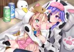  +_+ 2girls :d absurdres animal_costume animal_print bell between_breasts blonde_hair blush breasts cat_costume closed_mouth commentary commission cosplay cow_costume cow_print excited girl_on_top grabbing grabbing_another&#039;s_breast green_eyes hair_between_eyes hair_ornament head_between_breasts headpat highres hood hood_up hug indoors jingle_bell kigurumi large_breasts long_hair looking_at_another looking_at_breasts lying minatoto mizuori_shizuku multiple_girls navel neck_bell official_alternate_costume on_back on_floor on_side open_mouth pringles_can purple_eyes purple_hair second-party_source sidelocks skeb_commission smile stuffed_animal stuffed_duck stuffed_toy summer_pockets tsumugi_wenders upper_body x_hair_ornament yuri 