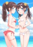  2girls ass beach bikini blue_eyes blush breasts brown_hair butt_crack cloud commentary_request day dktaka face-to-face flower groin hair_flower hair_ornament holding_hands long_hair looking_at_viewer multiple_girls navel ocean original outdoors pink_bikini ponytail side-tie_bikini_bottom sky small_breasts stomach swimsuit thigh_strap thighs twintails white_bikini 