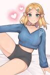  1girl alternate_costume artist_name blonde_hair breasts cropped_sweater crown hair_ornament hairclip heart highres looking_at_viewer medium_breasts midriff pointy_ears princess_zelda purrlucii ribbed_sweater shorts smile solo sweater the_legend_of_zelda the_legend_of_zelda:_tears_of_the_kingdom thighs white_background 