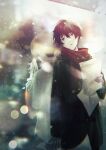  black_coat black_hair blurry bokeh brown_eyes brown_hair coat depth_of_field highres holding holding_paper looking_at_viewer male_focus original outdoors paper red_scarf scarf shirt snow white_shirt yu_hoshiya 