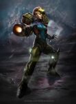  1girl aiming aiming_at_viewer arm_cannon armor blonde_hair body_armor bodysuit breasts danielmchavez energy energy_cannon english_commentary fog glowing lens_flare light mecha metroid power_armor realistic removing_helmet robot samus_aran science_fiction signature varia_suit weapon zero_suit 