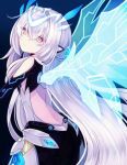  1girl android armor armored_dress artist_request ass back bare_back bare_shoulders black_bodysuit blue_background blue_halo bodysuit code:_sariel_(elsword) elsword energy_wings eve_(elsword) expressionless facepaint flat_chest from_behind hair_between_eyes halo jewelry long_hair long_sleeves looking_back mechanical_ears robot_ears second-party_source simple_background solo spikes very_long_hair white_hair wings yellow_eyes 