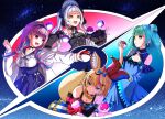  4girls animal_ears blonde_hair blue_hair braid detached_sleeves double_bun dress fox_ears fox_tail green_hair hairband hat highres hololive jester_cap minato_aqua multicolored_hair multiple_girls murasaki_shion omaru_polka poke_ball poke_ball_(basic) pokemon purple_hair silver_hair smile tail twin_braids two-tone_hair uruha_rushia vs wide_sleeves yuu201023 