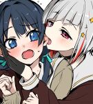  2girls @_@ asymmetrical_bangs biting black_gloves blue_eyes blue_hair blush brown_cardigan brown_dress cardigan dollchestra dress ear_biting ear_blush gloves grey_hair hair_ornament half_gloves hand_on_another&#039;s_cheek hand_on_another&#039;s_face hasu_no_sora_school_uniform highres kirikirimai_(kkm) link!_like!_love_live! long_sleeves looking_at_another love_live! multicolored_hair multiple_girls murano_sayaka open_mouth raised_eyebrow red_hair school_uniform short_hair star_(symbol) star_hair_ornament streaked_hair twintails upper_body winter_uniform yugiri_tsuzuri yuri 