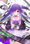 1girl black_choker camera choker cowboy_shot expressionless flower hair_flower hair_ornament hair_over_one_eye highres holding holding_camera looking_at_viewer memory_(monster_strike) monster_strike naruse_nanase photo_(object) purple_ribbon ribbon solo two_side_up 