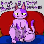1:1 4_fingers 4_toes animal_crossing anthro barefoot bob_(animal_crossing) feet felid feline fingers fur fur_markings furniture genitals humanoid_genitalia humanoid_penis looking_at_viewer male mammal markings nintendo nude pawpads penis purple_body purple_fur signature simple_background sitting smile smiling_at_viewer sofa solo solo_focus spots tail text toes toni_oni yellow_sclera