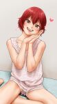  1girl bare_legs barefoot blush commentary_request grin heart highres idolmaster idolmaster_cinderella_girls indoors looking_at_viewer loungewear murakami_tomoe open_mouth own_hands_together oyanaku red_eyes red_hair short_hair shorts sitting smile solo teeth 