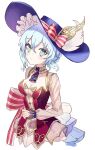  1girl absurdres aqua_eyes ascot atelier_(series) blue_ascot blue_hair blue_headwear bow breasts cleavage closed_mouth hair_between_eyes hat hat_bow highres light_blue_hair long_sleeves looking_at_viewer nelke_to_densetsu_no_renkinjutsushi_tachi nelke_von_luchetam short_hair simple_background skirt solo standing striped striped_bow upper_body white_background white_skirt white_sleeves yaminava 