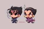  2boys angry arms_at_sides black_eyes black_hair blue_jacket blue_pants chibi fang full_body grey_background heterochromia jacket kazama_jin kotorai male_focus mishima_kazuya multiple_boys no_nose open_mouth pants purple_jacket purple_pants red_eyes scar scar_on_cheek scar_on_face short_hair signature simple_background standing tekken thick_eyebrows v-shaped_eyebrows 