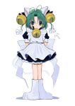  1girl 2024 :&lt; animal_ears animal_hat antenna_hair apron arms_behind_back back_bow bell blush bow cat_ears cat_hat dejiko di_gi_charat dress fake_animal_ears full_body green_eyes green_hair hair_bell hair_ornament hat highres looking_at_viewer neck_bell parted_bangs paw_shoes pepeppepe101 short_hair short_sleeves simple_background solo translation_request two_side_up white_background 