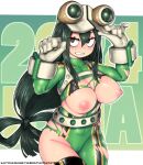  1girl 2024 asui_tsuyu belt black_bodysuit black_eyes black_footwear black_hair bodysuit boku_no_hero_academia breasts gloves goggles goggles_on_head green_bodysuit grey_gloves grin groin hair_between_eyes hair_rings hands_up long_hair looking_at_viewer low-tied_long_hair nipples saltydanshark shiny_skin smile solo teeth torn_bodysuit torn_clothes 