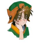  1boy 1other blood blood_on_face brown_eyes brown_hair cardcaptor_sakura child closed_mouth expressionless gloves green_headwear highres li_syaoran ling5707 magical_boy simple_background white_background white_gloves 