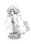  1girl absurdres artist_name bag blush collared_shirt commentary_request cowboy_shot cropped_legs crosshatching dated fingernails hatching_(texture) highres holding holding_bag jacket kinoshita_honoka linear_hatching long_sleeves looking_at_viewer necktie open_clothes open_jacket open_mouth original padded_jacket pleated_skirt puffy_long_sleeves puffy_sleeves school_uniform shirt short_sleeves simple_background skirt sleeves_past_wrists smile solo sweater_vest 