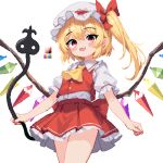  1girl 999_(hansode) ascot blonde_hair blush color_guide cowboy_shot crystal flandre_scarlet from_below hat hat_ribbon holding holding_weapon laevatein_(touhou) looking_at_viewer mob_cap multicolored_wings one_side_up open_mouth pixel_art red_eyes red_vest ribbon simple_background skirt skirt_set smile solo touhou vest weapon white_background white_headwear wings yellow_ascot 