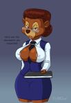 2024 anthro bear big_breasts black_nose breasts brown_hair business_suit clothed clothing digital_media_(artwork) disney eyewear female glasses hair hi_res long_hair looking_at_viewer mammal mature_anthro mature_female multicolored_body necktie nipple_piercing nipples piercing rebecca_cunningham secretary simple_background solo suit talespin two_tone_body vylfgor