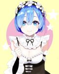  1girl :3 blue_eyes blue_hair blush breasts cleavage clenched_hand collar detached_collar detached_sleeves frilled_collar frilled_sleeves frills hair_ornament hairclip hand_up highres large_breasts lavie_(cestbonlavie) long_sleeves looking_at_viewer maid_headdress neck_ribbon re:zero_kara_hajimeru_isekai_seikatsu rem_(re:zero) ribbon short_hair smile solo star_(symbol) straight-on yellow_background 