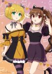  2girls :o :p ahoge alternate_costume animal_ears animal_print arm_at_side bell black_ribbon blush breasts brown_hair candy_hair_ornament cat_ears cat_print cat_tail choker claw_pose cleavage closed_mouth colored_eyelashes commentary_request cowboy_shot dress eyes_visible_through_hair fake_animal_ears fake_tail food-themed_hair_ornament frilled_dress frills gradient_background green_eyes hair_between_eyes hair_ornament hair_ribbon hands_up highres jingle_bell kamikita_komari kinkooo333 little_busters! long_hair looking_at_viewer medium_breasts multiple_girls natsume_rin neck_bell neck_ribbon off-shoulder_dress off_shoulder open_mouth orange_background orange_dress pink_background ponytail puffy_short_sleeves puffy_sleeves purple_choker red_eyes ribbon short_sleeves side-by-side signature simple_background skirt_hold small_breasts smile standing standing_on_one_leg tail tongue tongue_out two_side_up very_long_hair 