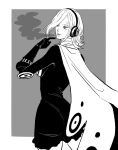  1girl absurdres commentary cowboy_shot curly_eyebrows dress english_commentary gloves grey_background greyscale highres looking_to_the_side medium_hair monochrome one_piece short_dress simple_background solo vinsmoke_reiju wings yao_yasan 
