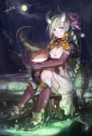  1girl black_footwear blonde_hair braid breasts brown_gloves brown_thighhighs cleavage dragon_girl dragon_horns dragon_tail earrings elbow_gloves full_moon gloves glowing grey_eyes grin hair_ornament holding horns jewelry jinichi long_hair looking_at_viewer moeru!_jiten moon night night_sky official_art outdoors signature sitting sitting_on_tree_stump sky smile solo tail thighhighs tree_stump twin_braids 