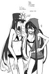  absurdres bare_shoulders bikini black_bikini blush breasts cleavage collarbone cosplay costume_switch cowboy_shot fate/grand_order fate_(series) greyscale hair_between_eyes hat highres korean_text long_hair looking_at_another monochrome navel oda_nobukatsu_(fate) oda_nobunaga_(fate) one_eye_closed ponytail sempon_(doppio_note) shako_cap siblings simple_background smile stomach swimsuit teeth very_long_hair white_background 