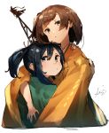  2girls black_hair brown_eyes brown_hair green_eyes green_kimono highres hiryuu_(kancolle) japanese_clothes kantai_collection kimono long_hair looking_at_viewer mast multiple_girls short_hair signature simple_background souryuu_(kancolle) sunday_aki twintails upper_body white_background 