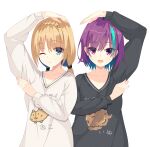  2girls :3 :d ;) absurdres aqua_hair arm_up black_shirt blonde_hair blue_eyes braid casual closed_mouth collarbone commentary crown_braid eyelashes eyes_visible_through_hair hair_between_eyes hand_up heart_arms_duo highres ibaraki_rino kaon_zz kido_tsubasa long_hair looking_at_viewer low_twintails multicolored_hair multiple_girls one_eye_closed open_mouth parquet_(yuzusoft) purple_eyes purple_hair shirt short_hair shrimp_print simple_background sleeves_past_wrists smile streaked_hair twintails upper_body white_background white_shirt 