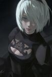  1girl 2b_(nier:automata) absurdres black_dress black_hairband blue_eyes breasts cleavage cleavage_cutout clothing_cutout commentary dress expressionless hair_over_one_eye hairband highres juliet_sleeves long_sleeves looking_at_viewer medium_breasts medium_hair mole mole_under_mouth nier:automata nier_(series) puffy_sleeves solo turtleneck_dress upper_body uqi32 white_hair 