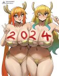  2024 2girls artist_logo asymmetrical_docking bare_shoulders bikini blonde_hair blue_hair blush bodypaint breast_press breasts bright_pupils cameltoe cleavage closed_mouth commentary cowboy_shot donburi_(donburikazoku) dragon_girl dragon_horns english_commentary eyepatch_bikini fanbox_username gradient_hair green_hair hair_between_eyes hand_up highres horns huge_breasts kobayashi-san_chi_no_maidragon long_hair lucoa_(maidragon) multicolored_hair multiple_girls navel nose_blush one_eye_closed open_mouth patreon_username purple_eyes side-by-side side-tie_bikini_bottom simple_background skindentation smile swimsuit teeth thick_thighs thighs tohru_(maidragon) underboob upper_teeth_only v very_long_hair white_background white_pupils 