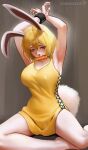 absurd_res anthro blonde_hair carrot carrot_(one_piece) carrot_in_mouth clothed clothing cotton_tail dress female fluffy fluffy_tail food hair hands_over_head hi_res kirani_kavaimi_rin lagomorph leporid long_ears mammal minkmen_(one_piece) nipple_outline one_piece plant rabbit solo sundress tail vegetable yellow_clothing yellow_dress