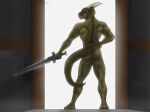 anthro archshen argonian back_towards_viewer bethesda_softworks butt hi_res light lighting lizard looking_at_viewer looking_back male melee_weapon muscular muscular_anthro muscular_male nude rear_view reptile scalie shen_(archshen) skyrim smile smiling_at_viewer smirk smirking_at_viewer solo standing_in_doorway sword tail the_elder_scrolls weapon