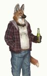 2020 alcohol anthro beer beer_bottle beverage bottle bottomwear brown_body brown_fur canid canine cettus checkered_clothing clothed clothing container denim denim_bottomwear denim_clothing dirty_clothing fully_clothed fur hand_in_pocket hi_res holding_beverage holding_bottle holding_container holding_object hoodie jeans jumper leggy_(cettus) male mammal maned_wolf pants pattern_clothing pockets shirt simple_background slightly_chubby slightly_chubby_anthro slightly_chubby_male smile solo standing tank_top topwear white_background