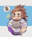  1boy bags_under_eyes boogeyman_(housamo) christmas_present colored_skin doll facial_hair gift goatee highres holding holding_doll igarashi_(igarashi_ta) long_sideburns mature_male mustache_stubble purple_skin scar scar_on_face sideburns sideburns_stubble sparkling_eyes tokyo_afterschool_summoners 