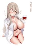  1girl alcohol between_legs blush breasts closed_eyes collarbone cup drinking_glass drunk grey_hair hair_between_eyes highres kantai_collection large_breasts legs_together long_hair navel open_clothes open_shirt pola_(kancolle) sitting smile solo tf_cafe twitter_username wavy_hair white_background wine wine_glass 