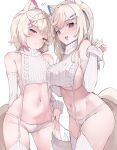  2girls absurdres animal_ear_fluff animal_ears bare_shoulders blonde_hair blue_eyes blue_hair breasts closed_mouth collar commentary detached_sleeves dog_ears dog_girl dog_tail fang flat_chest fuwawa_abyssgard garter_straps hair_ornament hairclip highres hololive hololive_english large_breasts long_hair meme_attire mococo_abyssgard multicolored_hair multiple_girls namiorii navel open_mouth panties pink_eyes pink_hair ribbed_legwear ribbed_panties ribbed_sleeves ribbed_sweater ribbed_thighhighs short_hair siblings sideboob sisters skin_fang sleeveless sleeveless_sweater sleeveless_turtleneck streaked_hair sweater tail thighs turtleneck turtleneck_sweater twins underwear virgin_destroyer_sweater virtual_youtuber white_garter_straps white_panties white_sweater x_hair_ornament 