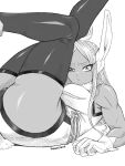  1girl :/ animal_ears artist_name bare_shoulders boku_no_hero_academia breasts crescent_print dark-skinned_female dark_skin feet_out_of_frame fur_collar gloves greyscale highleg highleg_leotard highres honexstage large_breasts legs_up leotard long_eyelashes long_hair looking_at_viewer lying mirko monochrome on_back parted_bangs rabbit_ears rabbit_girl rabbit_tail raised_eyebrow solo tail tail_through_clothes thick_thighs thighhighs thighs uneven_eyes 