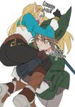  1boy 1girl absurdres ass black_pants blonde_hair boots carrying carrying_person english_text gloves green_headwear green_tunic grey_eyes hanabelink hat highres juliet_sleeves long_hair long_sleeves pants pointy_ears princess_zelda puffy_sleeves short_hair sketch the_legend_of_zelda the_legend_of_zelda:_breath_of_the_wild the_legend_of_zelda:_twilight_princess time_paradox tunic wavy_mouth 
