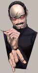  1boy black_hair collared_jacket cropped_torso facial_hair forehead_protector gimgyeon_(dog_0987) goatee golden_kamuy grin hair_slicked_back hands_up highres holding imperial_japanese_army jacket looking_at_viewer male_focus mustache scar scar_on_face short_hair simple_background smile solo tsurumi_tokushirou 