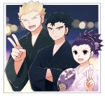  1girl 2boys :d black_eyes black_hair black_kimono blonde_hair closed_eyes crobat crossed_arms facing_viewer golbat hair_tie hand_fan holding holding_fan janine_(pokemon) japanese_clothes kimono koga_(pokemon) kokuseki50 medium_hair multiple_boys night outdoors pink_kimono pokemon purple_eyes purple_hair smile spiked_hair surge_(pokemon) upper_body v yukata zubat 