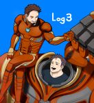  2boys absurdres arc_reactor arm_up armor avengers:_infinity_war avengers_(series) black_eyes black_shirt blue_background blush brown_hair bruce_banner closed_eyes collarbone commentary_request crossed_legs facial_hair full_armor grey_armor highres iron_man long_sleeves looking_at_another looking_up male_focus marvel marvel_cinematic_universe multicolored_armor multiple_boys power_armor red_armor shirt short_hair simple_background sitting smile superhero sweatdrop teeth tony_stark yakuya_iii yellow_armor 